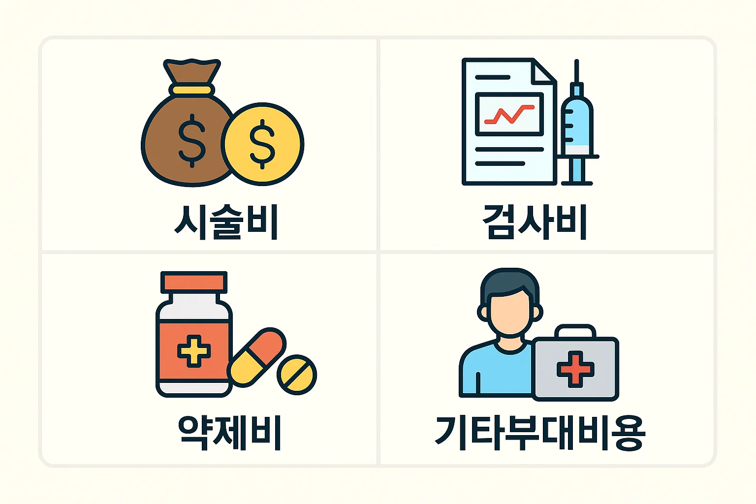 난임시술비 연말정산의 시술비, 검사비, 약제비, 기타 부대비용 등 공제대상 항목을 명확히 구분해 한눈에 이해할 수 있도록 구성한 인포그래픽입니다.