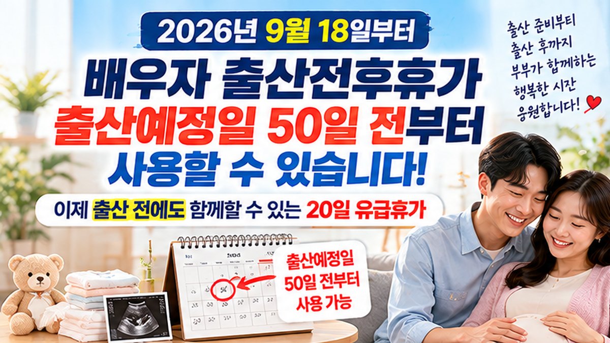2026년 배우자 출산전후휴가 출산예정일 50일 전부터 사용 및 20일 유급휴가 안내 이미지