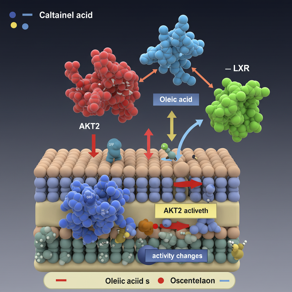 올레산이 AKT2와 LXR 단백질을 조절하여 지방 세포를 늘리는 메커니즘 3D 그래픽