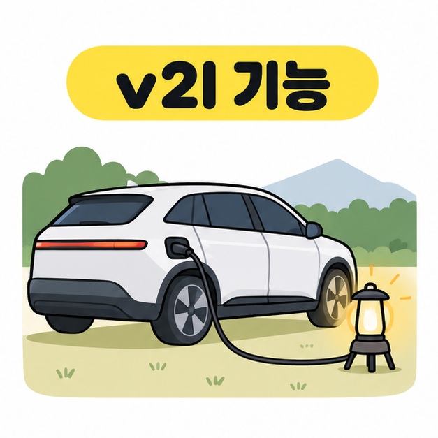v2l 기능이라는 제목 아래 전기차에 연결된 캠핑 조명이 켜져 있는 그림
