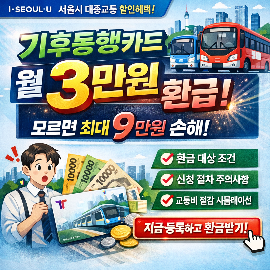 서울 기후동행카드 3개월간 월 3만원 환급(총 9만원) 조건 및 신청 방법 인포그래픽