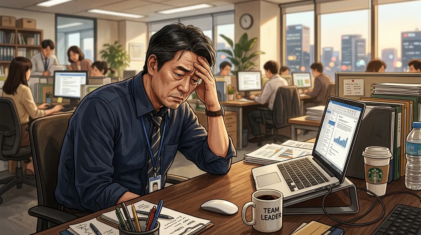 오후 사무실 책상에 엎드린 중년 직장인