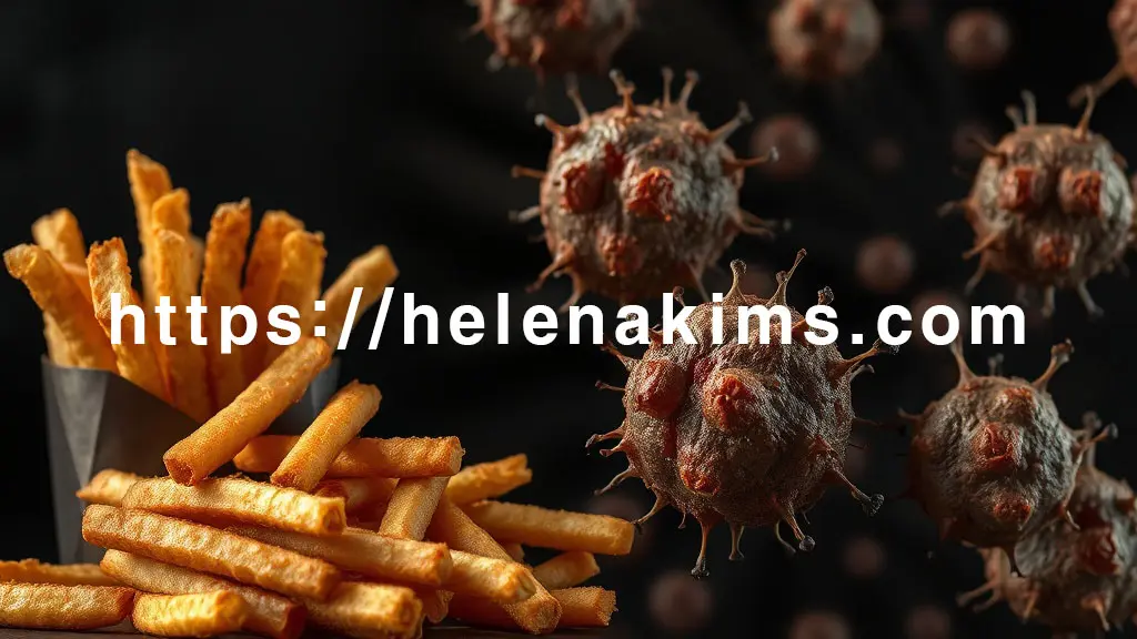 바삭하게 튀겨진 음식 옆에서 노화 되고 부식 되는 작고 많은 세포들의 모습.