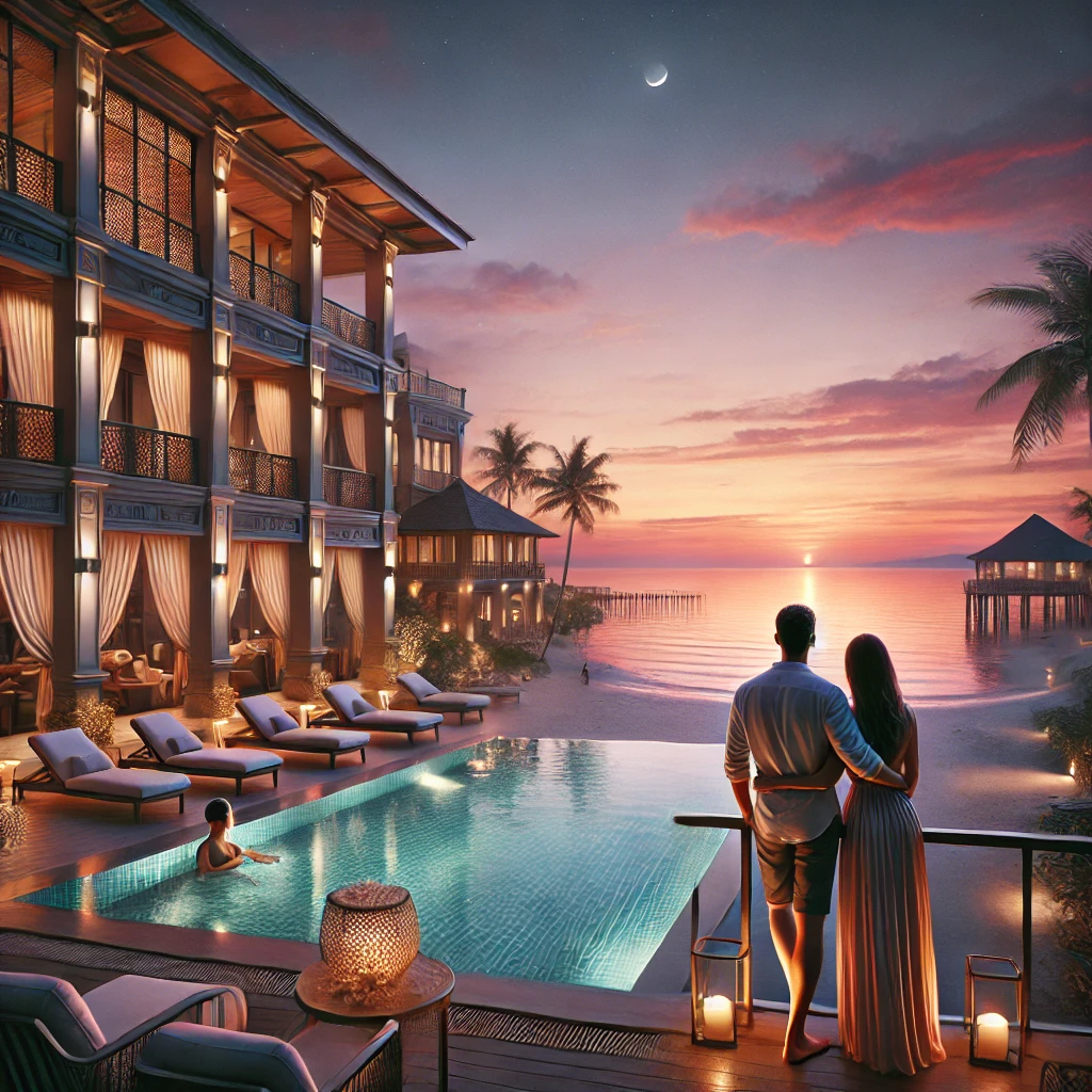 세부의 고급 리조트에서 커플이 해변 선셋을 바라보는 모습, 인피니티 풀에서 여유를 즐기는 장면