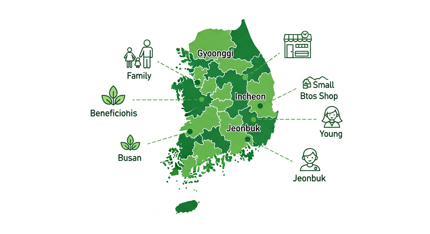 다양한 계층의 사람들이 활기찬 지역 시장을 배경으로 민생지원금 카드를 들고 미소 짓는 모습. 경제 활성화와 생활 안정의 희망을 상징합니다.