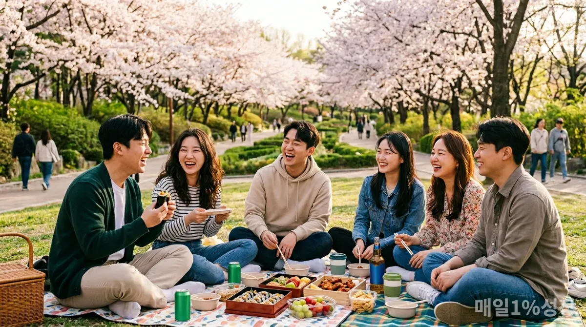 공원에서 즐거운 시간을 보내는 한국인 젊은이들, 일상 속 활력 되찾기