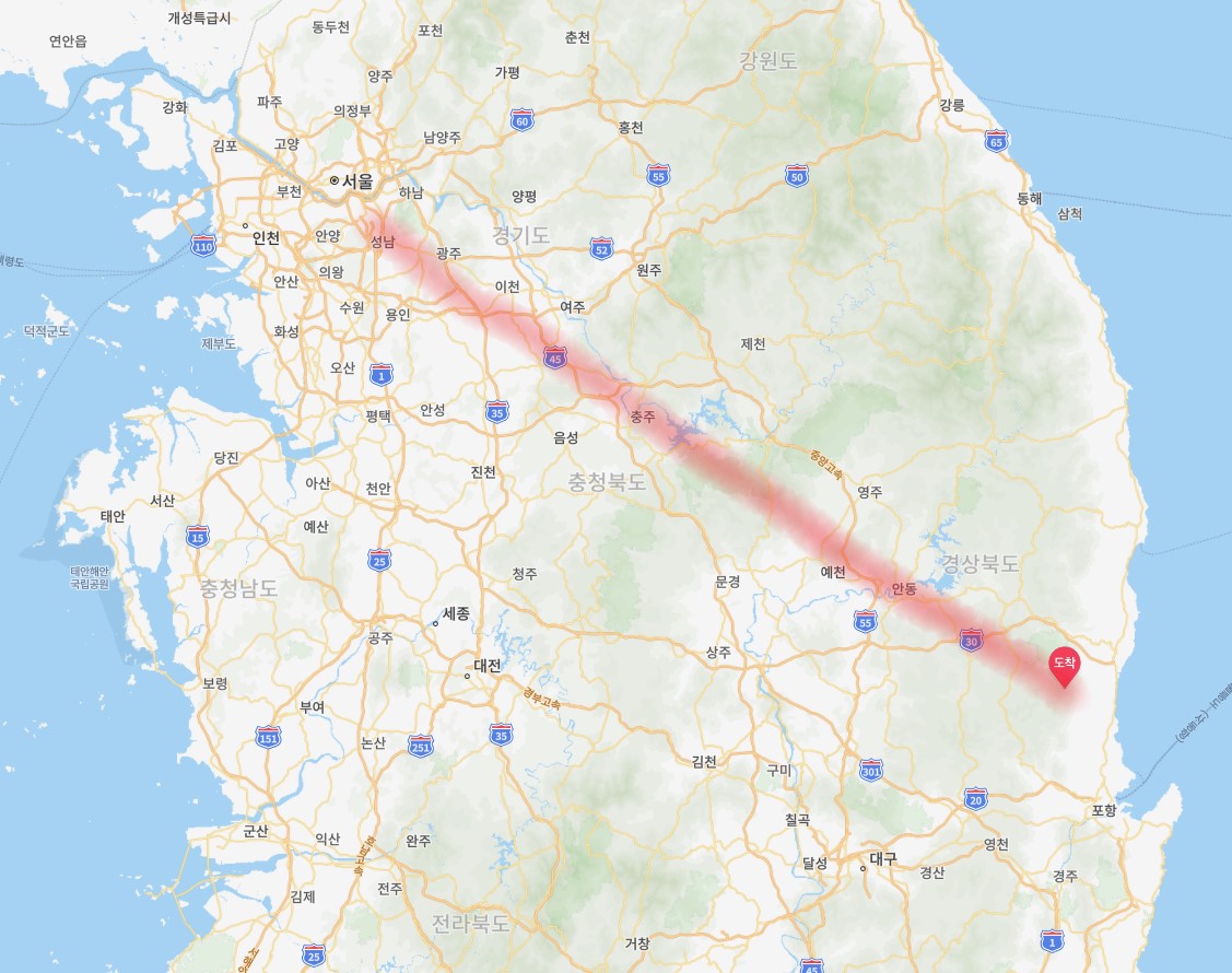 지도, 서울에서 얼음골까지 거리 표시