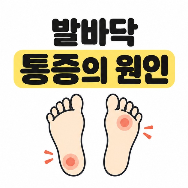 발바닥 통증의 원인 제목과 뒤꿈치 및 앞쪽의 서로 다른 통증 위치를 표시한 대표 이미지
