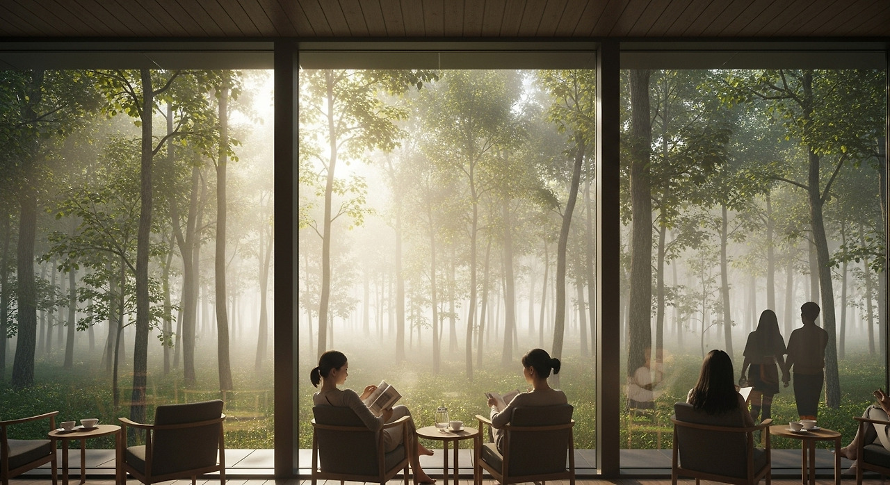 숲속에 자리 잡은 현대적인 숲속 호텔의 전경