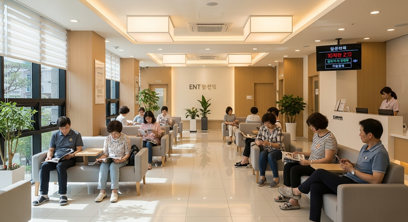 이비인후과 대기실에서 환자들이 상담을 기다리는 장면