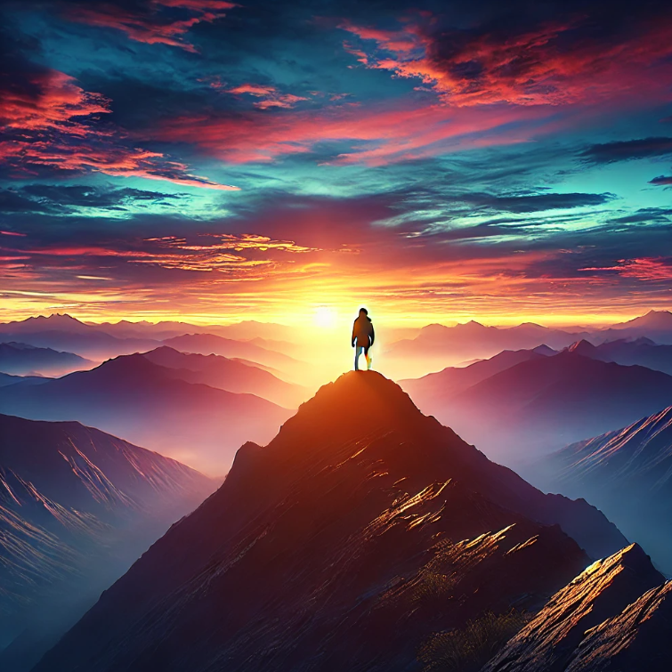 목표와 성공을 상징하는 산 정상에 서 있는 사람의 실루엣