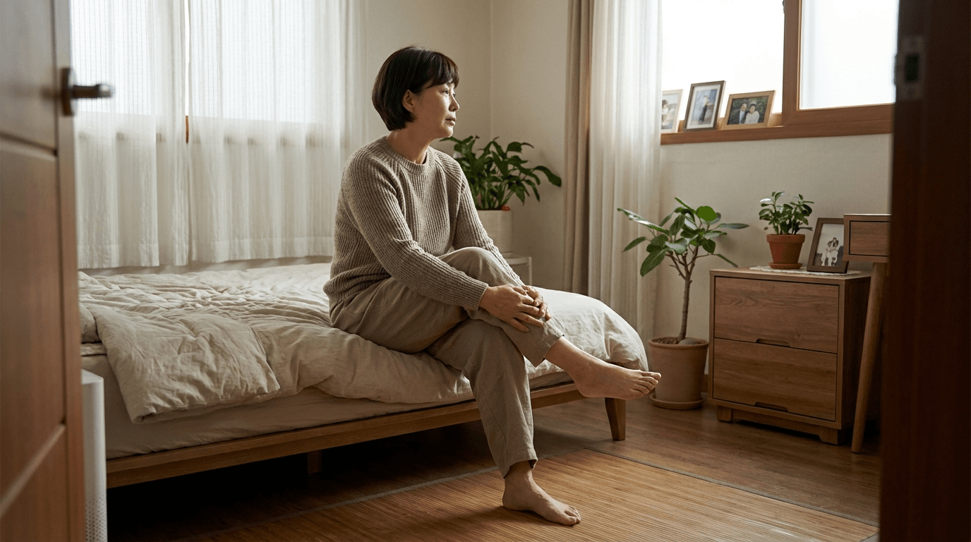 아침 첫걸음이 불편한 사람이 침대 옆에서 발을 천천히 움직이는 모습