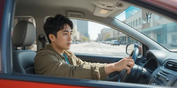 운전면허학원에서 시험 합격 후 운전을 하고 있는 모습