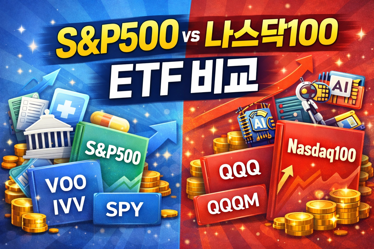 파란색과 빨간색 배경 위에 S&P500 vs 나스닥100 ETF 비교 문구와 VOO·IVV·SPY, QQQ·QQQM 티커가 함께 배치된 미국 ETF 비교 썸네일 이미지