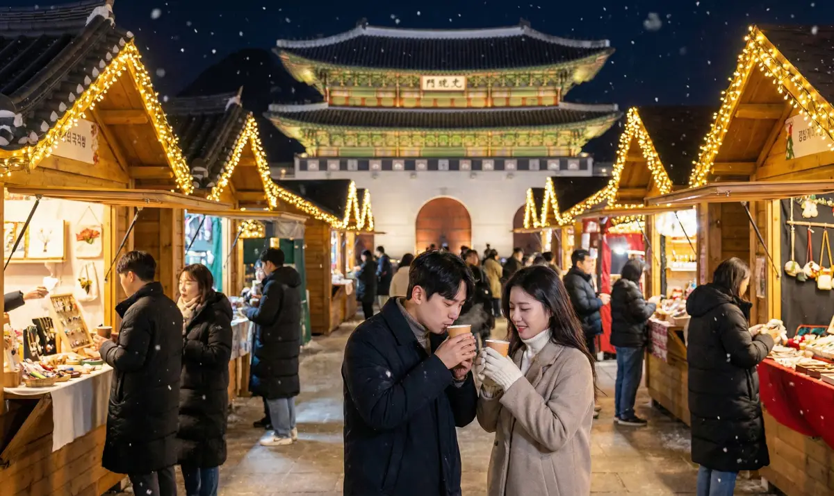 광화문 광장에서 열리는 서울 빛초롱 축제와 크리스마스 마켓의 활기찬 풍경
