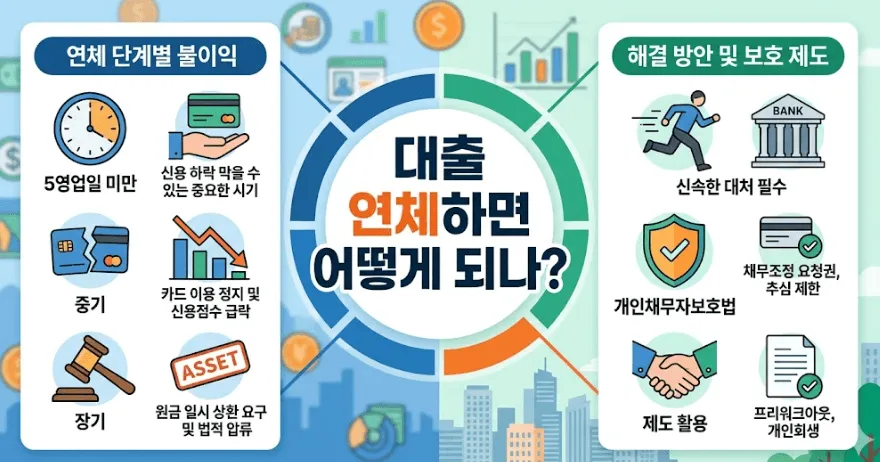 대출 연체하면 어떻게 되나를 한눈에 정리한 대표 인포그래픽. 왼쪽에는 연체 단계별 불이익으로 5영업일 미만의 골든타임과 중기 카드 정지 및 신용점수 급락 그리고 장기 원금 일시 상환 요구 및 법적 압류 과정을 보여주고, 오른쪽에는 해결 방안 및 보호 제도로 금융기관 신속 대처와 개인채무자보호법의 채무조정 요청권 및 추심 제한 그리고 프리워크아웃과 개인회생 같은 제도 활용 방법을 시각적으로 전달하며 대출 연체 단계별 불이익과 대응 전략을 설명함