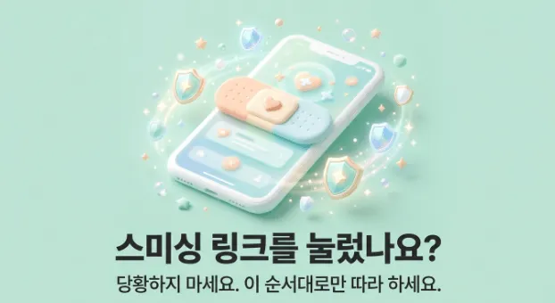 보이스피싱 악성 앱 삭제: 스마트폰 위에 보안 방패 아이콘이 둘러싸고 있는 일러스트와 함께 '스미싱 링크를 눌렀나요? 당황하지 마세요. 이 순서대로만 따라 하세요.'라는 문구가 표시된 대표 이미지. 이 이미지는 보이스피싱 악성앱 설치 후 원격제어 차단부터 핸드폰 초기화까지의 긴급 대처 순서를 안내하는 블로그 글의 대표 이미지로 사용됨