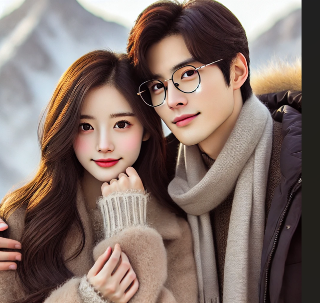한국 드라마. 겨울 산을 배경으로 목도리를 두른 젊은 남녀 주인공들이 다정하게 서있다