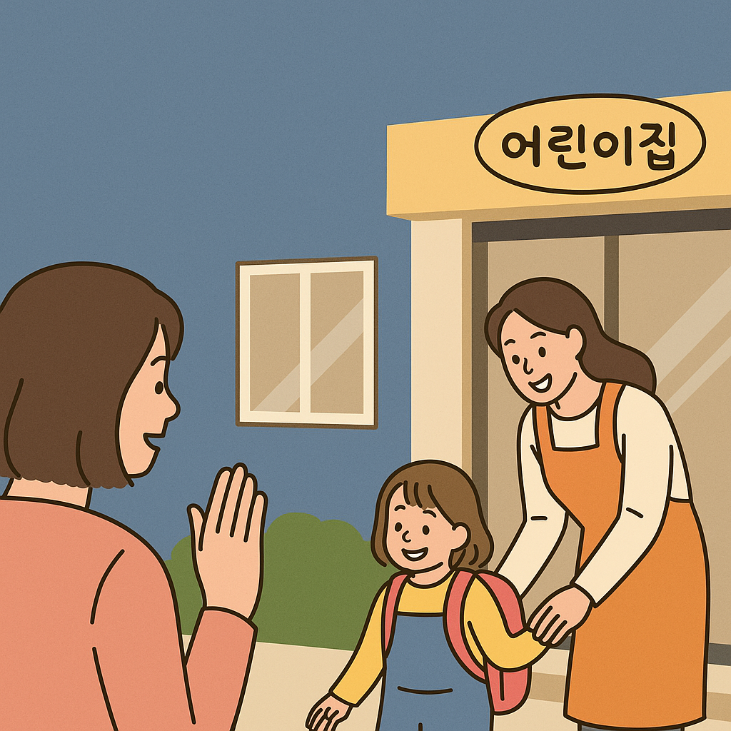 양육수당을 받을 나이의 아이가 어린이집에 등록해서 등원하는 장면. 엄마가 등원시키고 뒤에서 배웅하고 있는 모습