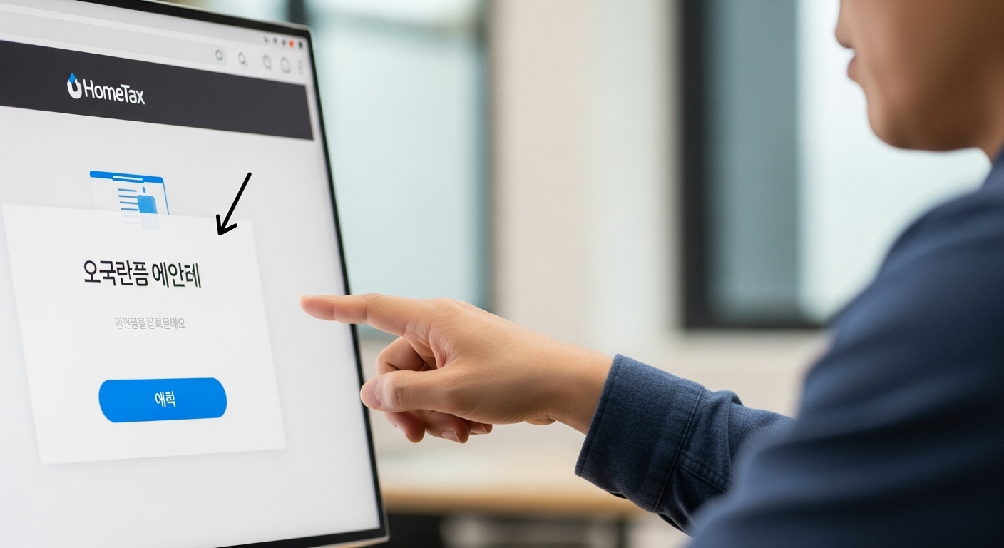 한국 남성이 홈택스에서 미수령 환급금 조회 버튼을 클릭하는 모습. 온라인 세금 환급 절차의 시작을 보여줍니다.