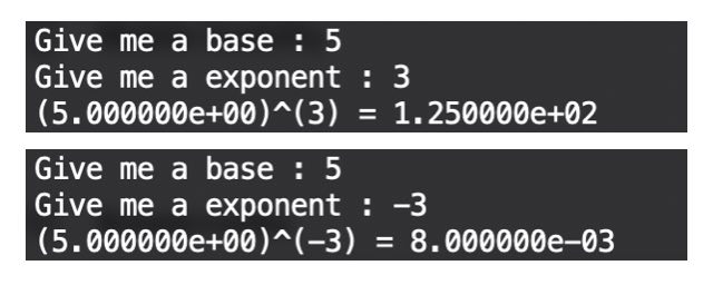screenshot of terminal console, showing the result of an example program to compute power using for loop
