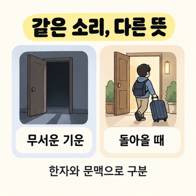 같은 소리의 귀기를 무서운 기운과 돌아올 때로 구분하고 어두운 문과 여행 가방을 끌고 집으로 돌아오는 사람을 비교한 그림