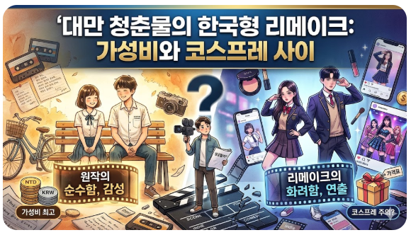 대만 청춘물의 한국형 리메이크를 분석한 블로그 썸네일입니다. 왼쪽은 원작의 순수함과 감성을 상징하는 따뜻한 색감의 수채화풍 삽화와 카세트테이프가 배치되어 있습니다. 오른쪽은 리메이크의 화려함과 연출을 상징하는 세련된 화풍의 인물들과 SNS 프레임, 화장품 소품들이 대조를 이룹니다. 중앙에는 성공할까?라는 문구를 든 제작자가 서 있어, 원작의 정서를 살리는 것과 상업적 연출 사이의 고민을 시각적으로 나타냅니다.
