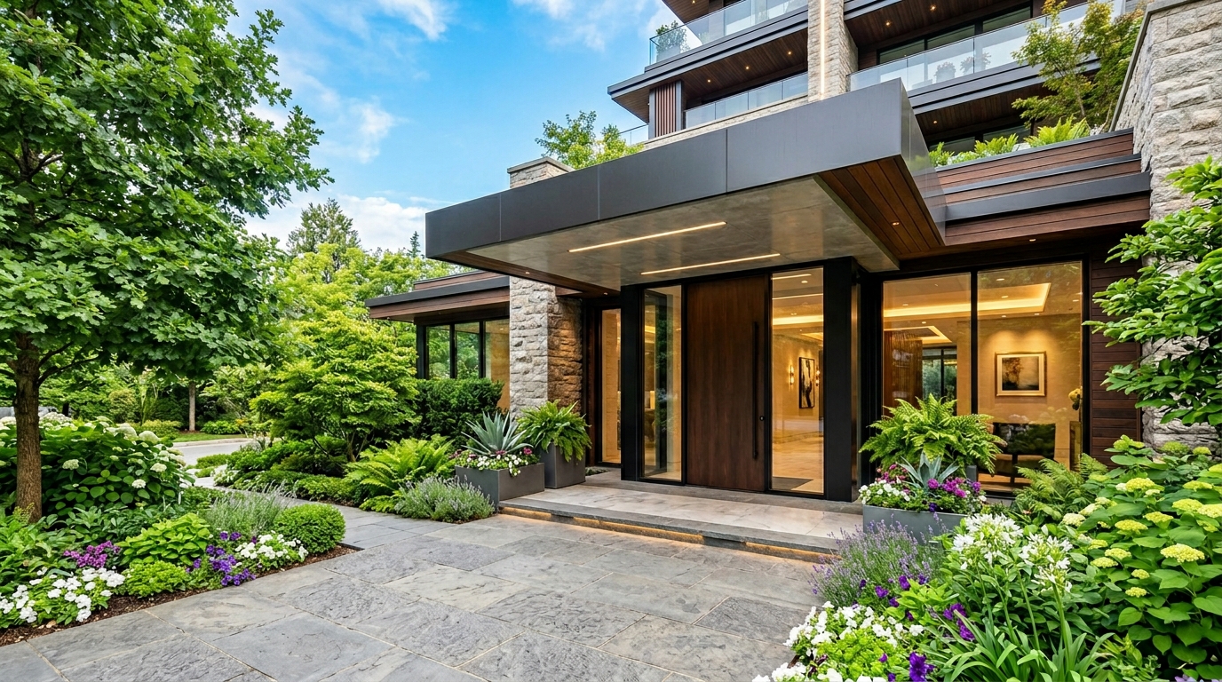 trees and flowers on the side. Bright blue sky background. High-end, welcoming, and premium feel.