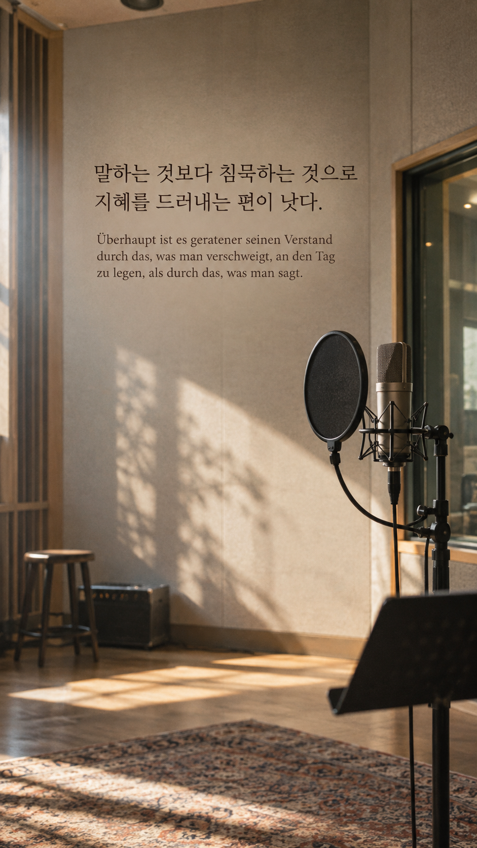 쇼펜하우어 명언 24 말하는 것보다 침묵하는 것으로 지혜를 드러내는 편이 낫다. 비어 있는 방송 부스의 마이크 배경의 한글&middot;독일어 이미지
