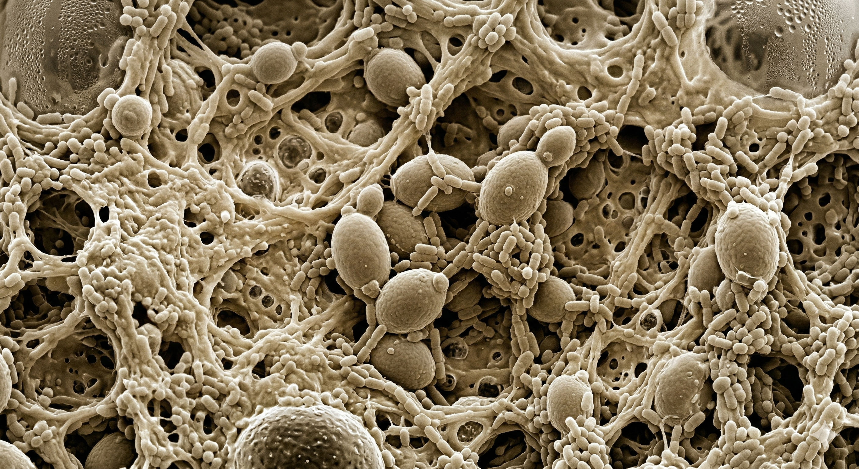 현미경으로 본 유산균과 효모의 공생 모습 혹은 활발한 르방 기포