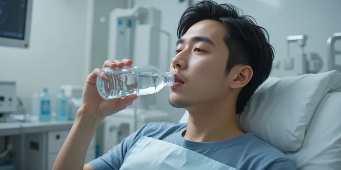 위내시경을 앞두고 물을 마시며 대기 중인 중년 남성