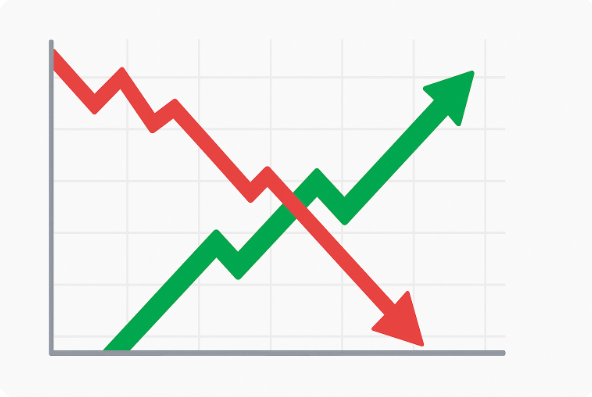 붉은 하락 주가 차트와 반대로 상승하는 초록색 화살표