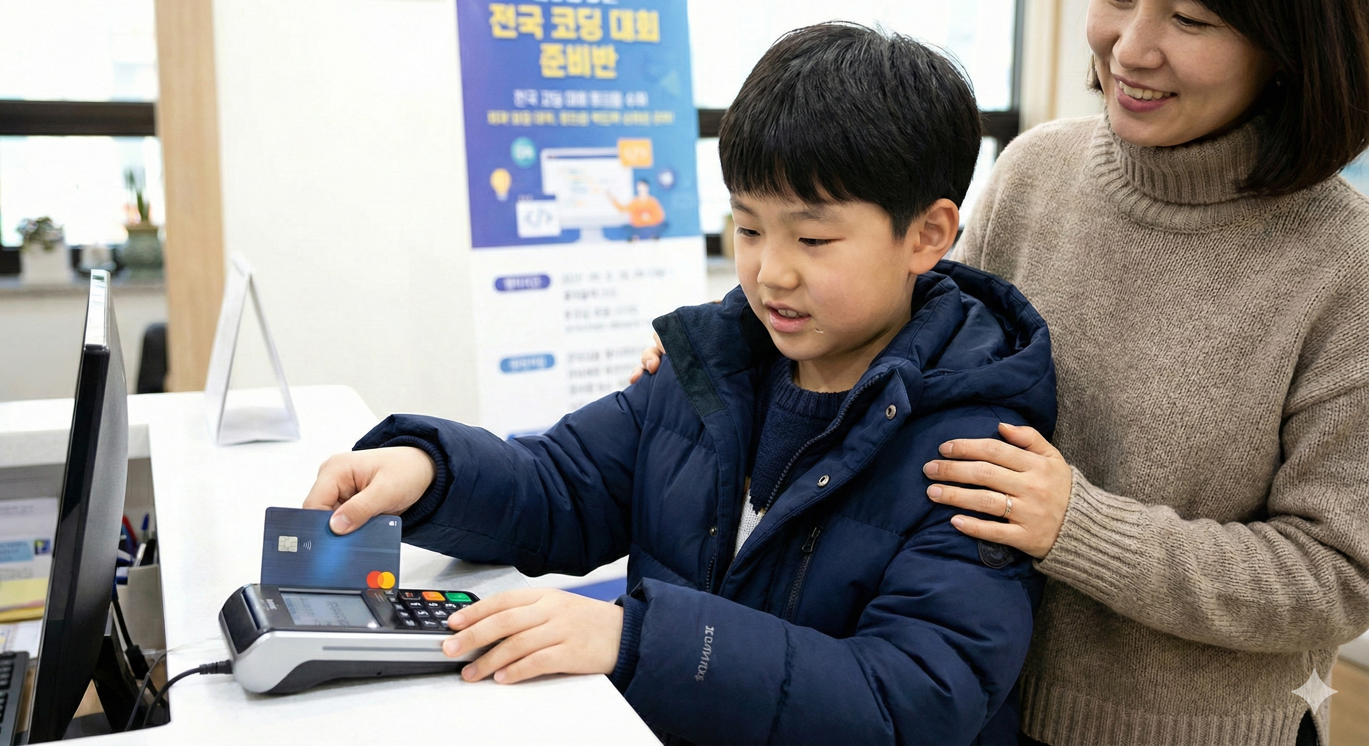 학원비를 자신의 용돈 카드로 결재하고 있는 아이