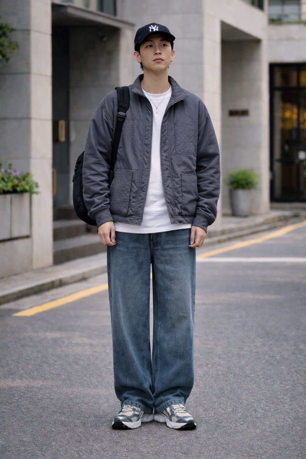 와이드 핏 청바지를 착용한 하체 전면 모습, 자연스럽게 떨어지는 실루엣과 빈티지한 워싱이 특징