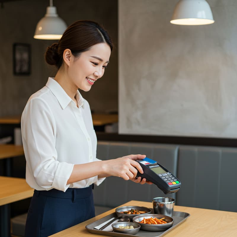 식당에서 점심 식사 비용을 카드로 결제 중인 직장인 여성