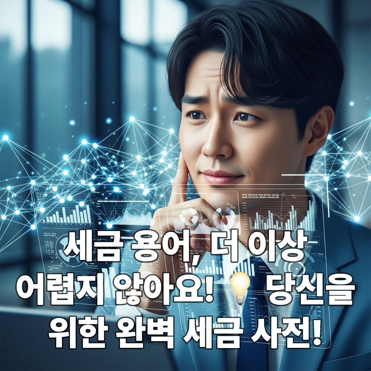 복잡한 세금 자료를 보며 고뇌하는 한국인 직장인의 모습, 세금 용어 해설의 필요성을 강조.