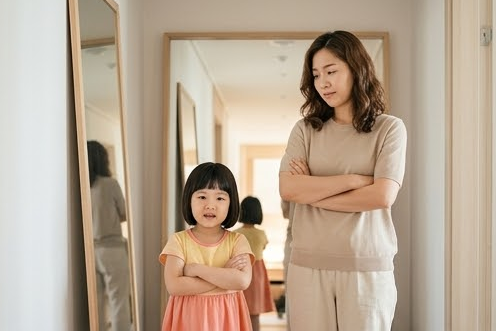 복도 거울 앞에서 엄마와 딸이 나란히 서서 같은 모양으로 팔짱 낀 모습