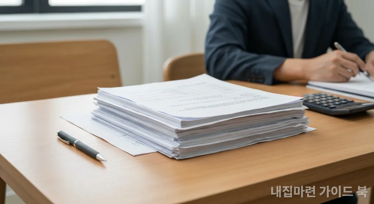주택담보대출 서류와 계산기가 놓인 책상