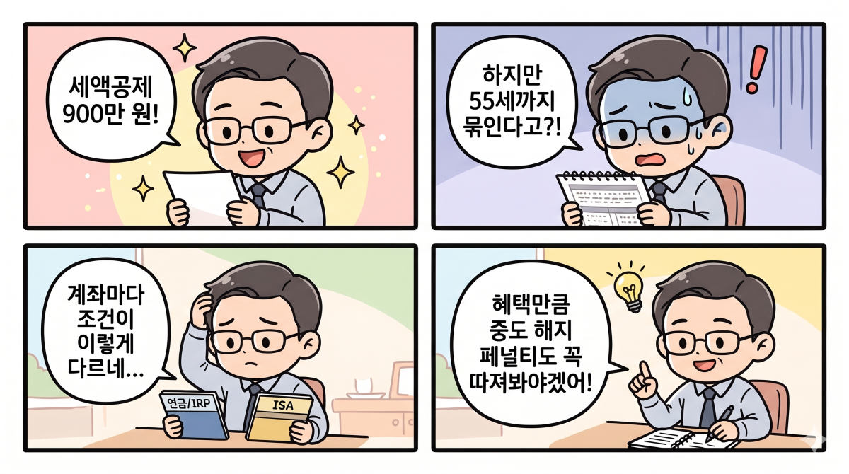 계좌별 중도 해지 페널티와 세액공제 혜택 차이를 보여주는 4컷 대조 만화