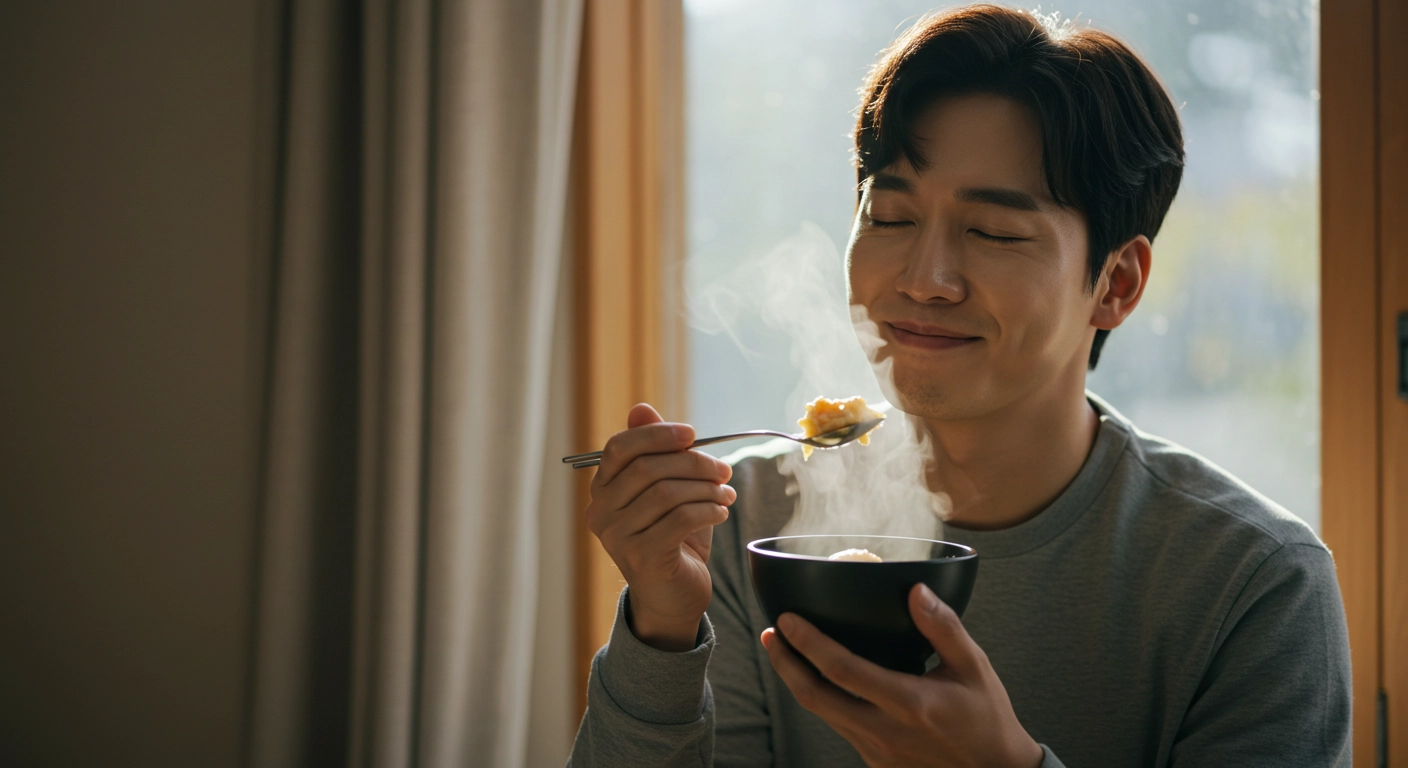 창가에서 따뜻한 음식을 먹으며 평온한 미소를 짓고 있는 남자