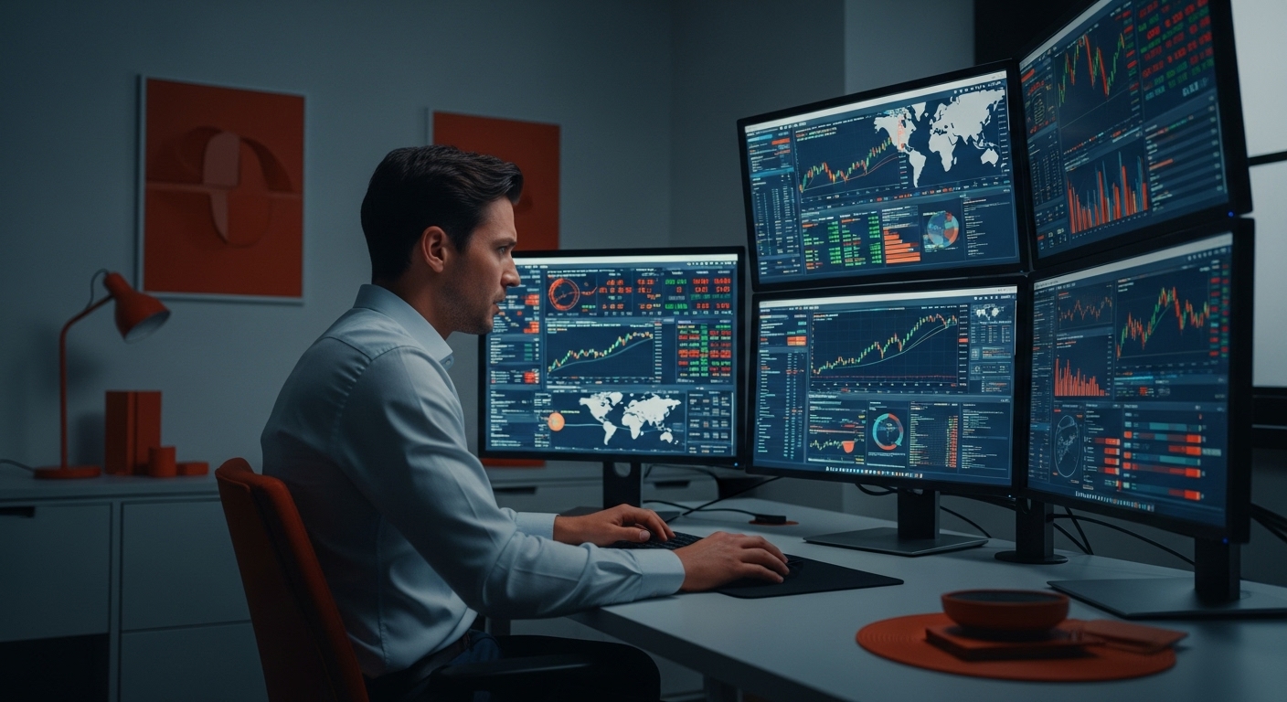 여러 금융 차트 화면을 보며 투자 결정을 내리는 바쁜 사람의 모습.
