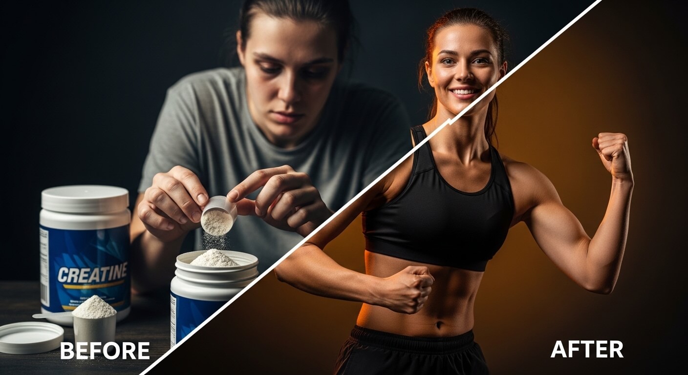 크레아틴 보충제를 스푼으로 덜어내는 피곤한 모습과, 근육이 발달한 활기찬 모습이 대비된 전후 비교 이미지