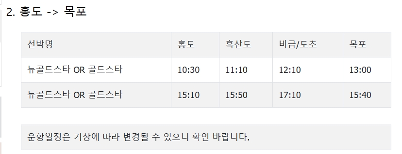 홍도와 흑산도를 경유하여 목포로 돌아오는 배편 운항 시간표