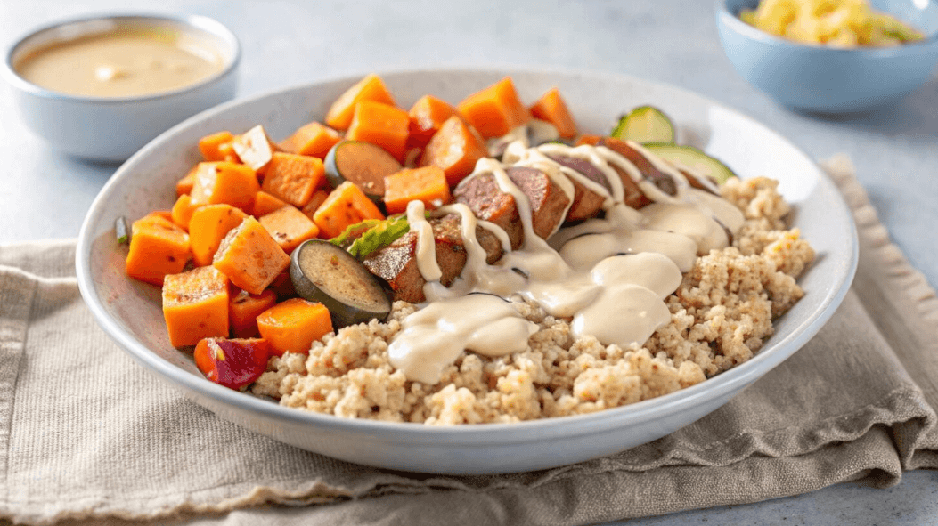 구운 고구마와 가지, 오이 등이 담긴 건강한 채소 그레인 보울에 크리미한 드레싱이 곁들여진 식단 관리용 식사