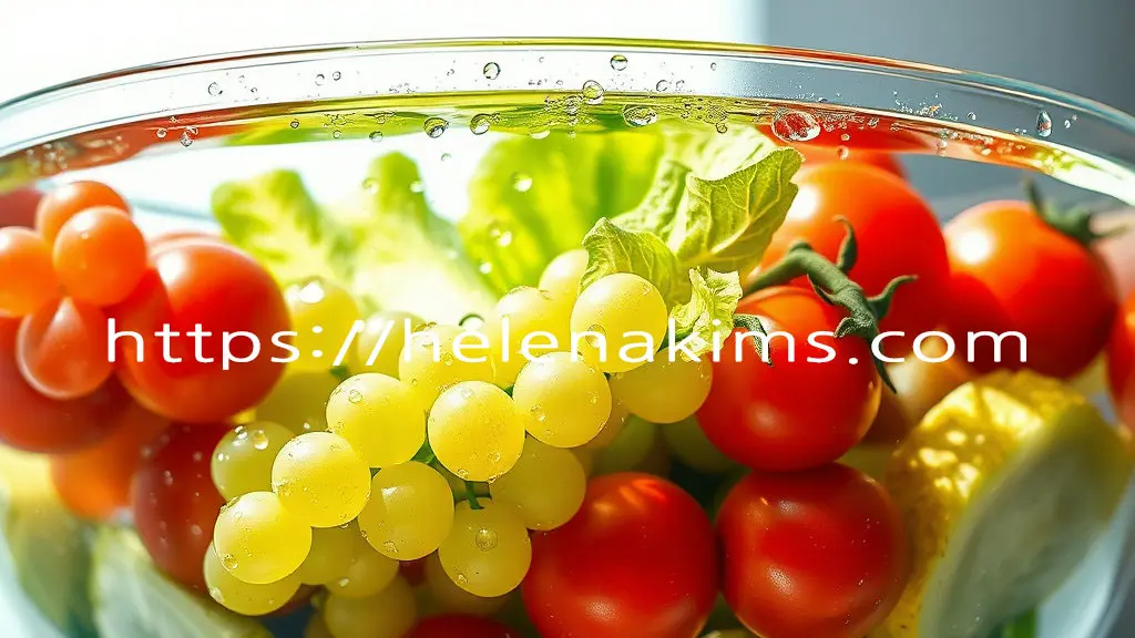 커다란 유리볼에 물이 가득 담겨 있고 그 맑은 물에 토마토, 포도, 채소 등이 담겨 있는 모습.