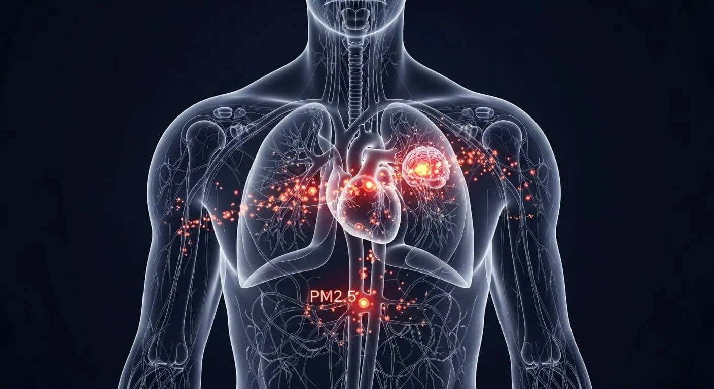 초미세먼지가 폐를 통해 혈관으로 침투하여 심장과 뇌 등 전신에 영향을 미치는 모습을 시각화한 그림