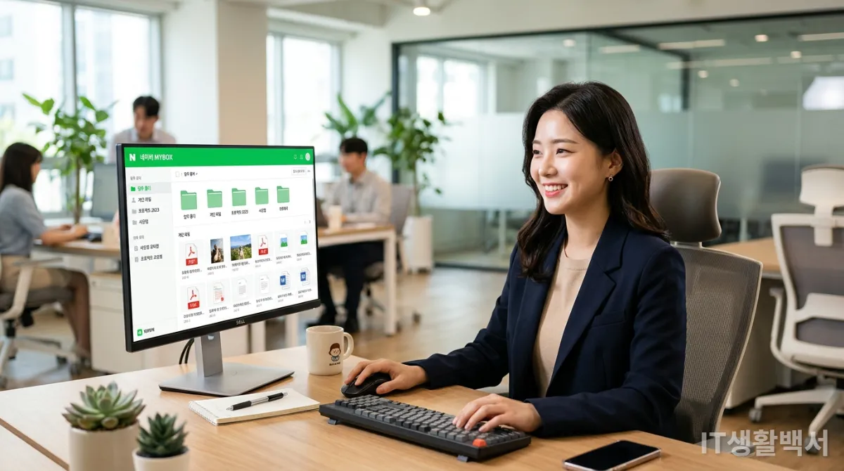 네이버 MYBOX 인터페이스를 보며 만족스럽게 작업하는 한국인 사용자