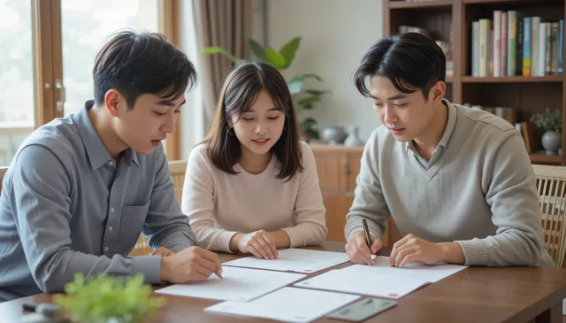 집에서 다같이 문서 보며 설명 듣는 모습