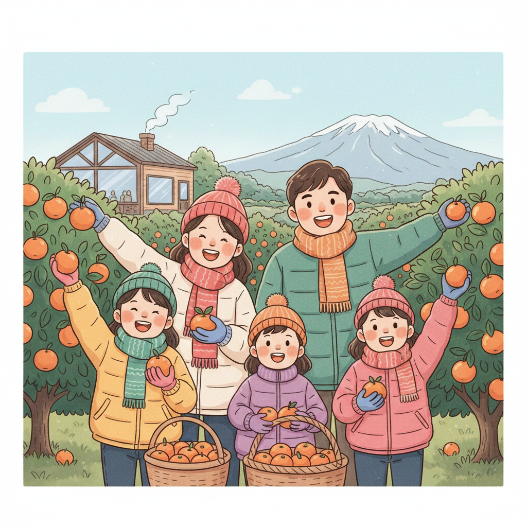 겨울 제주 감귤밭에서 아이와 부모님이 함께 즐겁게 감귤을 따고 있는 모습.