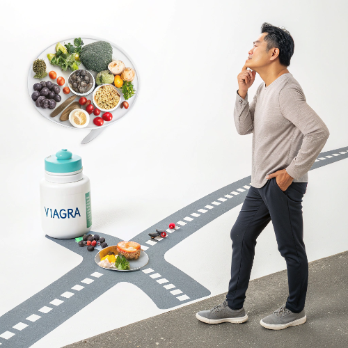 약물 없이도 발기부전을 개선할 수 있을지 고민하는 중년 남성의 이미지